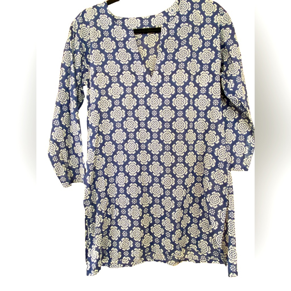 Block Printed Long Sleeve Navy Tunic /Beach Dress